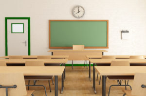 classroom without student with wooden furniture and green balckboard on brickwall-rendering