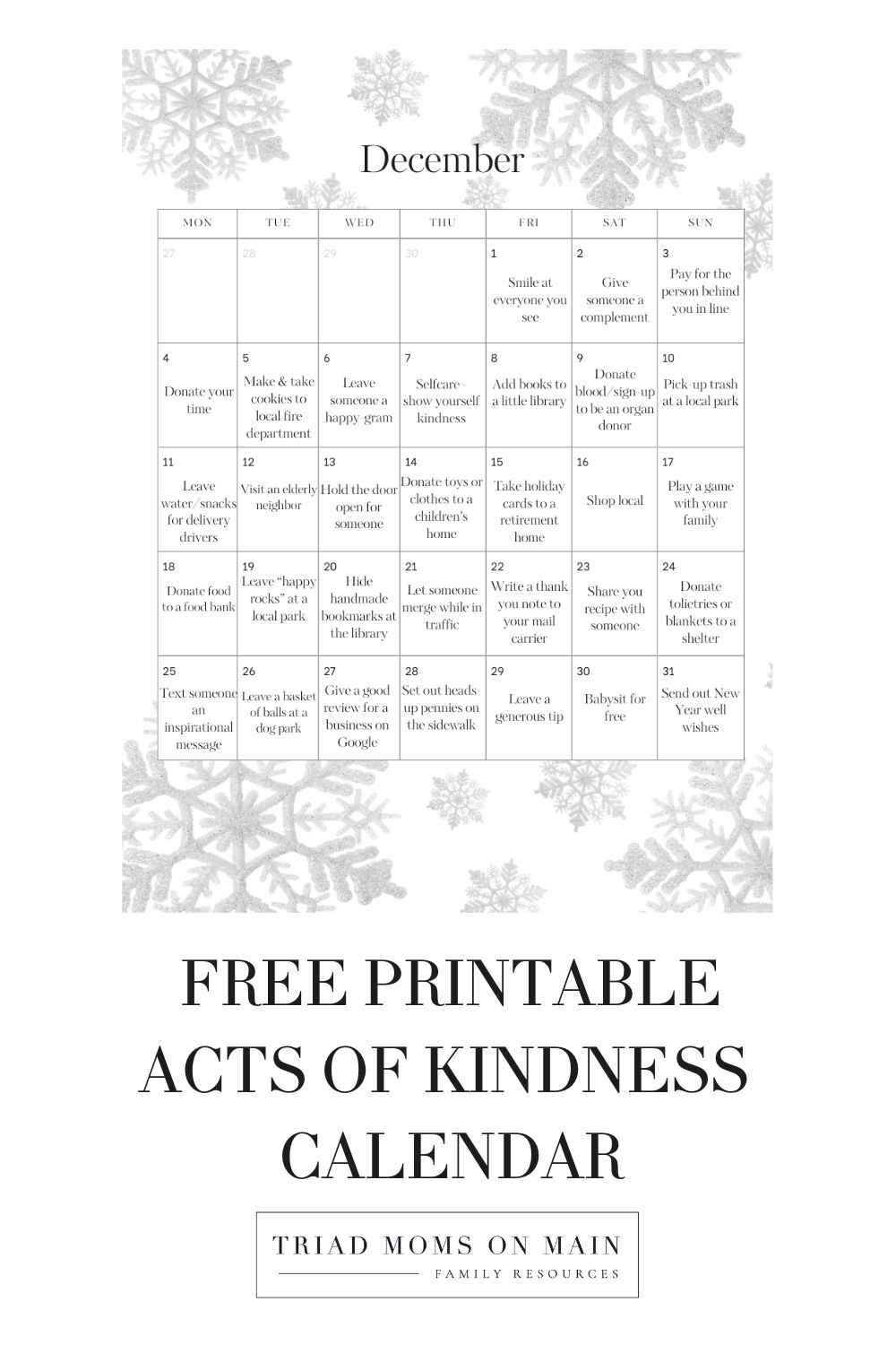 Free Printable Acts of Kindness Calendar