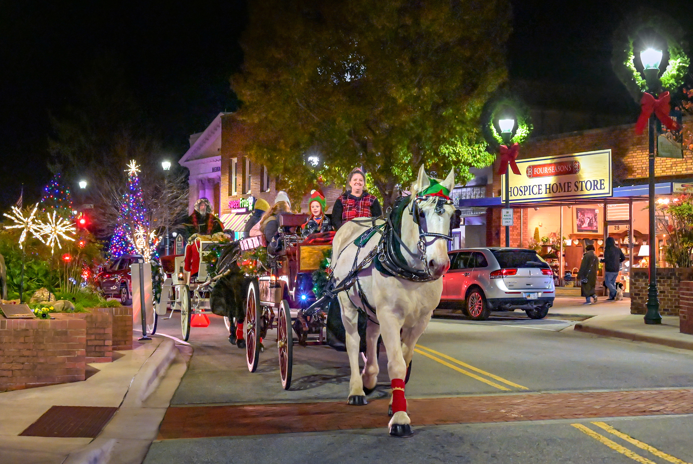 Horse Drawn Carriage Ride in Downtown Hendersonville Street Decorated with Christmas Decorations