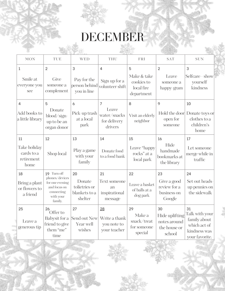 Acts of Kindness Calendar for Kids Free Printable