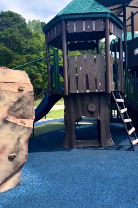 Tree house and rock climbing wall at Creekside Park in Archdale, NC
