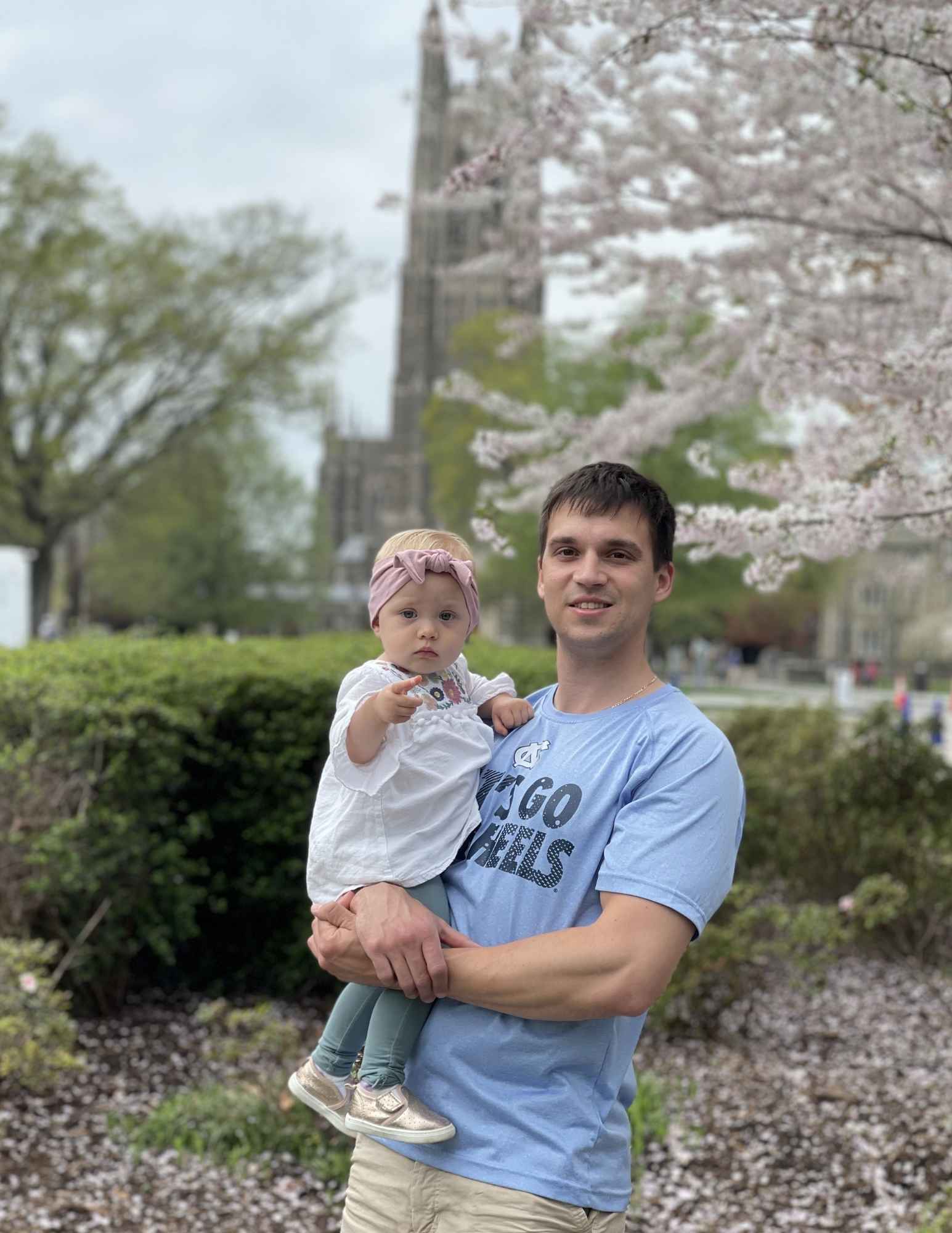 Sarah P. Duke Gardens Cherry Blossom trees in white and pink in front of chapel